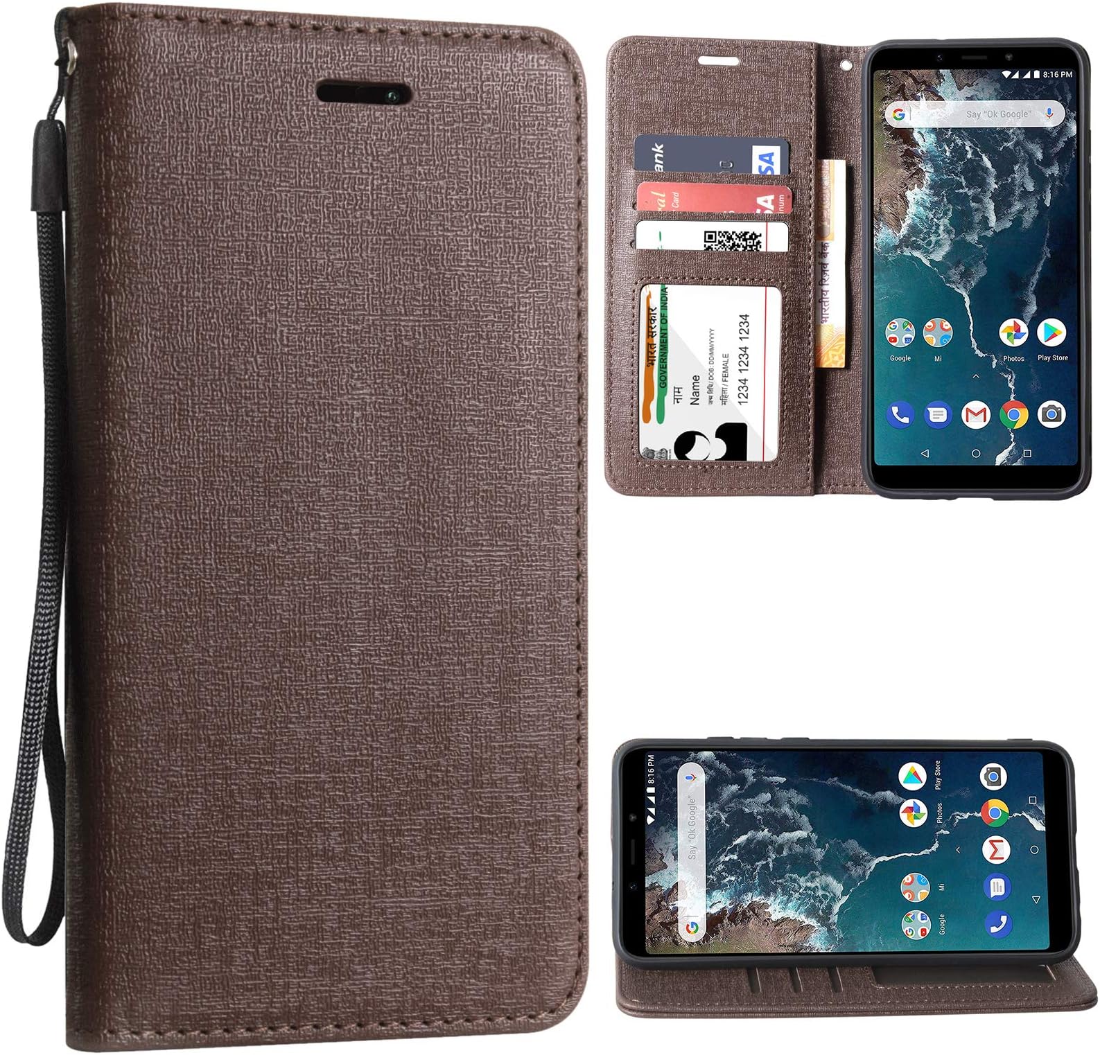 TecKraft Leather Wallet Case Shock Absorbing Flip Cover for Mi A2 (Classic Brown)