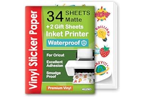 AGODEO Premium Printable Vinyl Sticker Paper for Inkjet Printer - 34 Sheets Self-Adhesive Sheets Matte White Waterproof, Dries Quickly Vivid Colors, Holds Ink Well - Tear Resistant