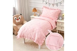 VIVILINEN Toddler Bedding Set for Girls 4-Piece Boho Tufted Pink Toddler Comforter Set Jacquard Tufts Ruffle Fringe Bed-in-a-Bag Bed Sheet Set for Kids with Comforter, Flat Sheet, Fitted Sheet, Pillowcase