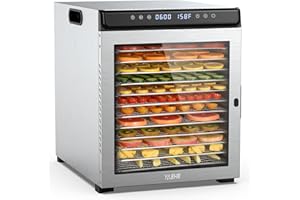 YASHE Food Dehydrator Machine, 12 Stainless Steel Food Dryer, 1300W Dehydrators for Food and Jerky, Herbs, Meat, Fruit, Dog Treats, 72H Timer and Temperature Control, Recipes Book Included