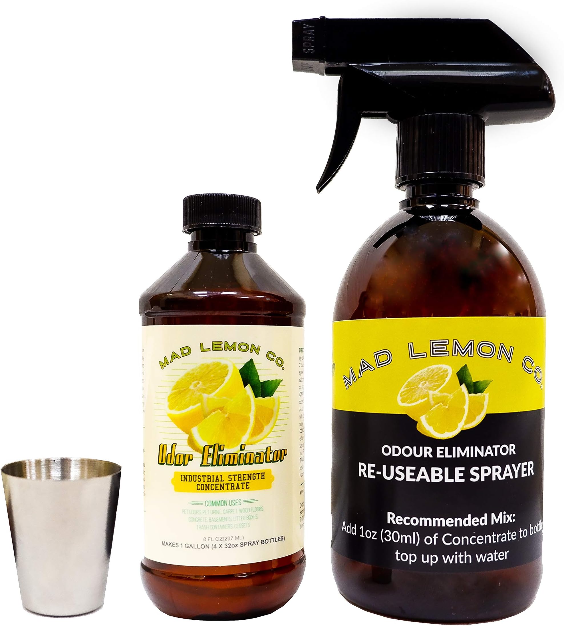Mad Lemon Pet Odor Eliminator and Neutralizer (8oz Concentrate & Plastic Sprayer) + 30ml Measuring Cup