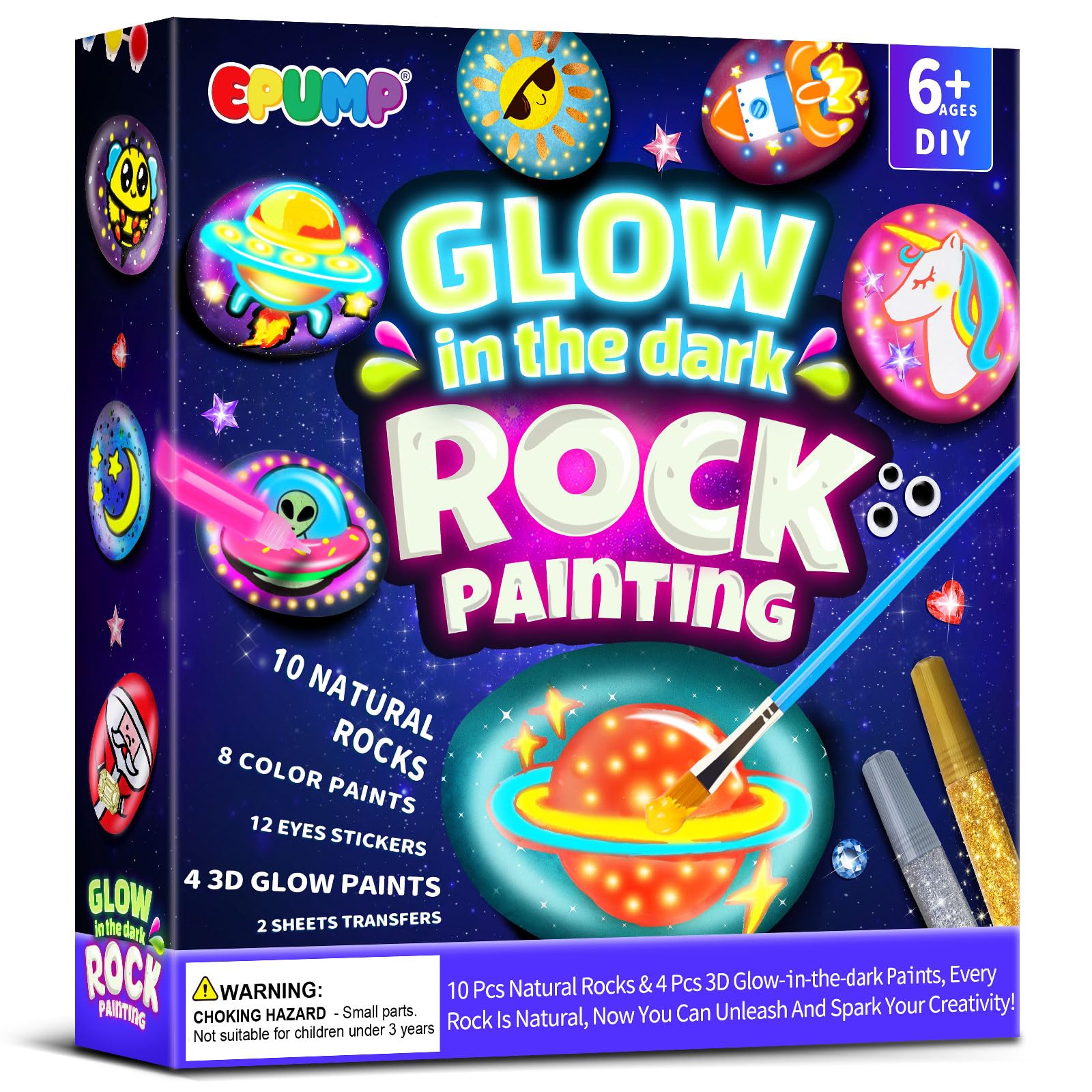EPUMP Rock Painting Kit for Kids – Glow-in-The-Dark Arts and Crafts Set for Boys & Girls Ages 6-12 – DIY Creative Painting Toys, Fun Art Supplies for Kids Activities & Birthday Gifts