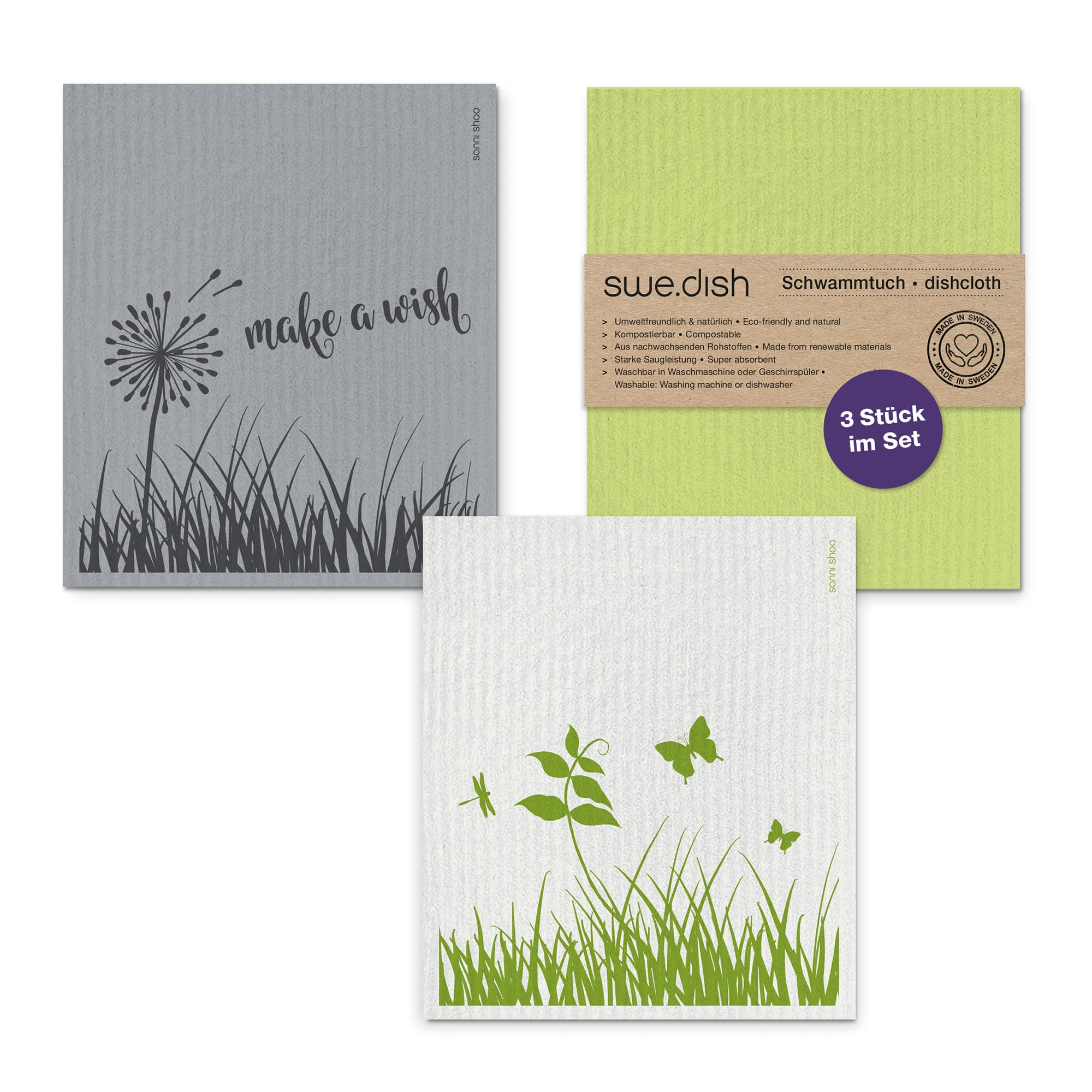 Compostable Swedish Eco Sponge Cloths: Sustainably Washable & Extremely Absorbent – All-Purpose Cloths for Kitchen, Car and Household | Set of 3: Dishcloths, Dishcloths, Dusters, Washcloths