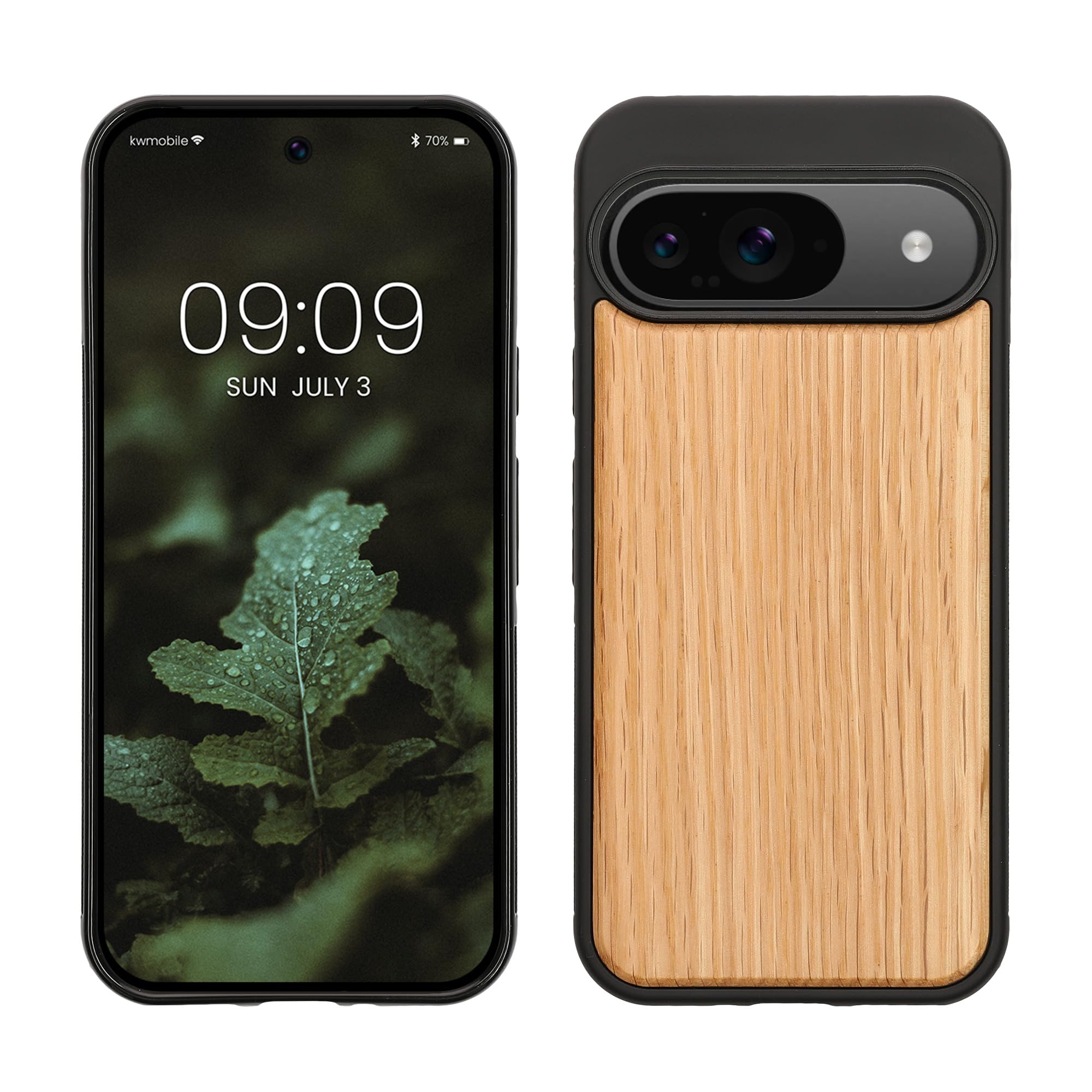 kwmobile Real Wood Case Compatible with Google Pixel 9 / Pixel 9 Pro Case - Hard Wooden Cover w/TPU Bumper - Light Brown/Brown oak