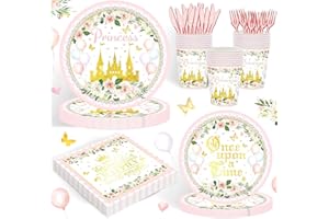 REJOICE BUNNY 120PCS Princess Party Supplies for Girls Kids Baby Shower 1st Birthday Fairytale Castle Themed Party Decorations Once Upon A Time Tableware Set Plates Napkins Cups Set for 20 Guests