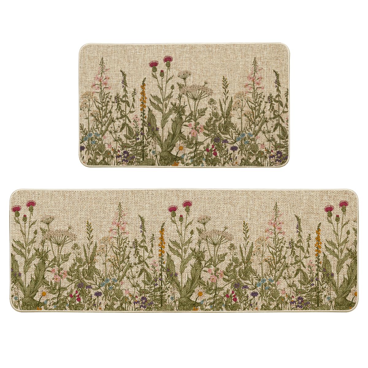 Photo 1 of Artoid Mode Wildflower Spring Floral Kitchen Mats Set of 2, Flowers Summer Holiday Party Low-Profile Floor Mat for Home Kitchen - 17x29 and 17x47 Inch
