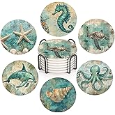 ubcindy Vintage Coastal Beach Coasters Set of 6 for Drinks,Round Absorbent Ceramic Stone Coaster with Metal Holder, Sea Turtle Nautical Ocean Life Coasters with Cork Base for Coffee Party Decor Gift