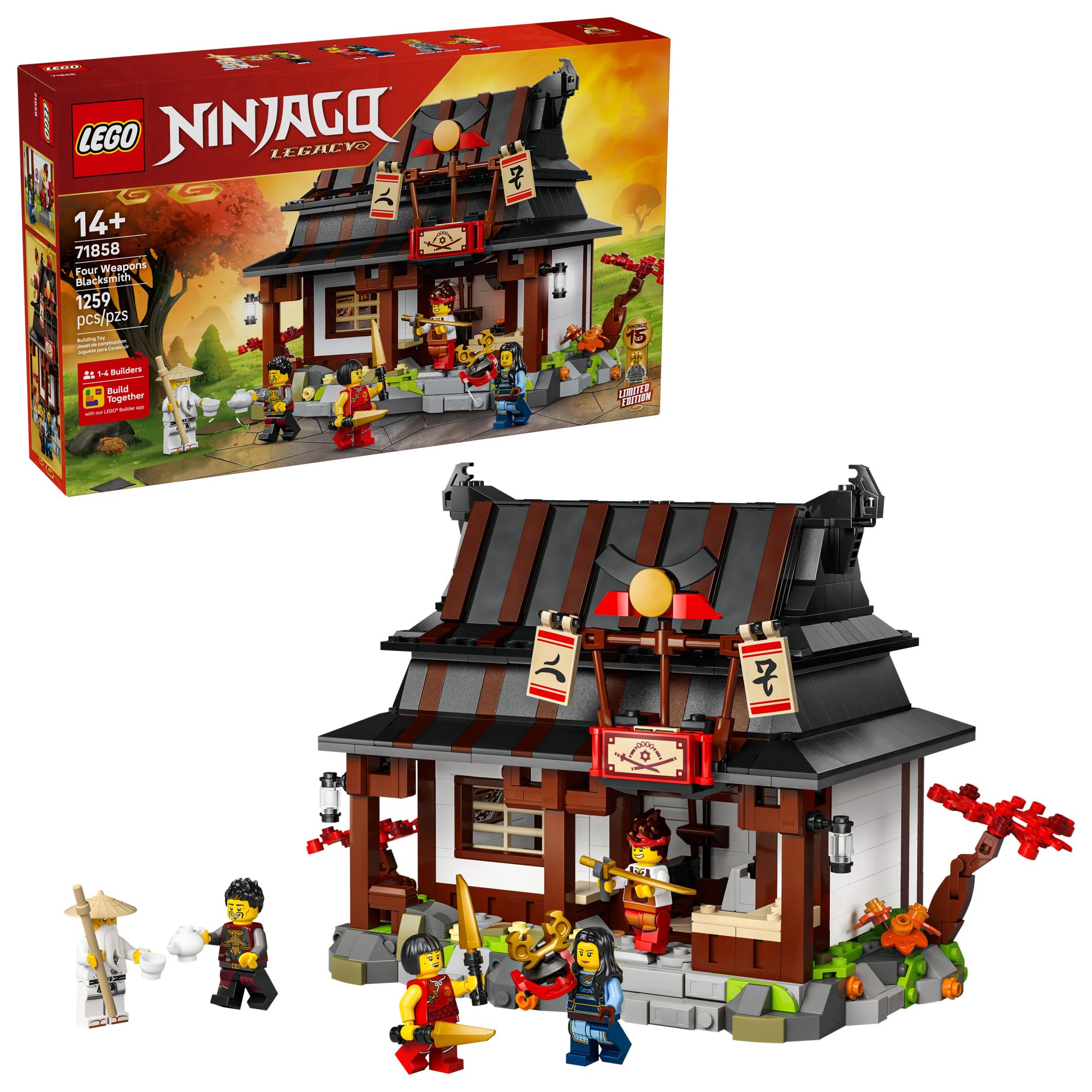 LEGO NINJAGO Four Weapons Blacksmith 15th Anniversary Building Toy for Kids, Ages 14+ - Ninja Playset W/Collectible Elemental Master of Earth + 4 Minifigures - Gift Idea for Teen Boys & Girls - 71858