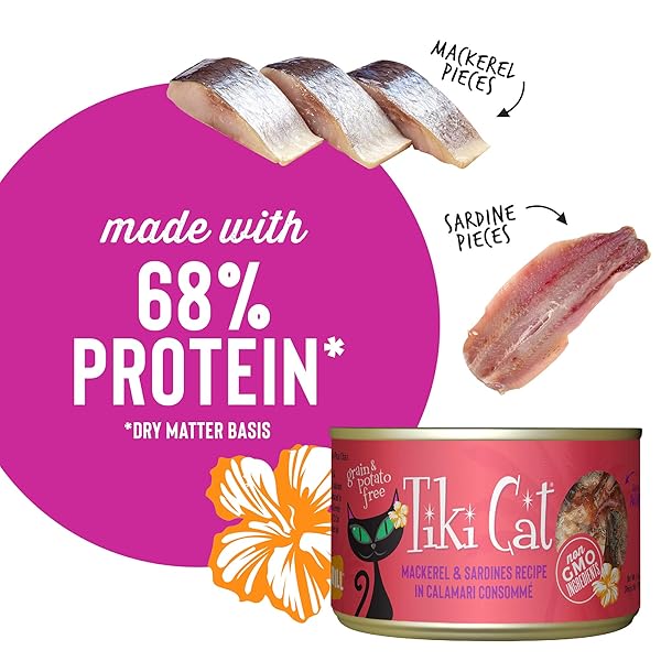 TIKI CAT GRILL, MACKEREL & SARDINES, HIGH-PROTEIN AND 100% NON-GMO INGREDIENTS, WET WHOLE FOODS CAT FOOD FOR ALL LIFE STAGES, 6 OZ. CANS (PACK OF 8)