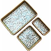 i-lan Set of 3 15" Rectangular Rattan and Blue Mother of Pearl Serving Tray,Boho Rectangule Natural Rattan Woven Trays,Natural Wicker Decorative Serving Baskets for Entryway Kitchen Bathroom Counter