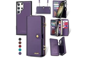 QIXIU for Samsung Galaxy S24 Ultra Wallet Case,Multi-Function Wallet Case, Detachable 3 in 1 Magnetic Galaxy S24 Ultra Case Wallet,Flip Strap Zipper Card Holder Phone Case with Shoulder Straps(Purple)