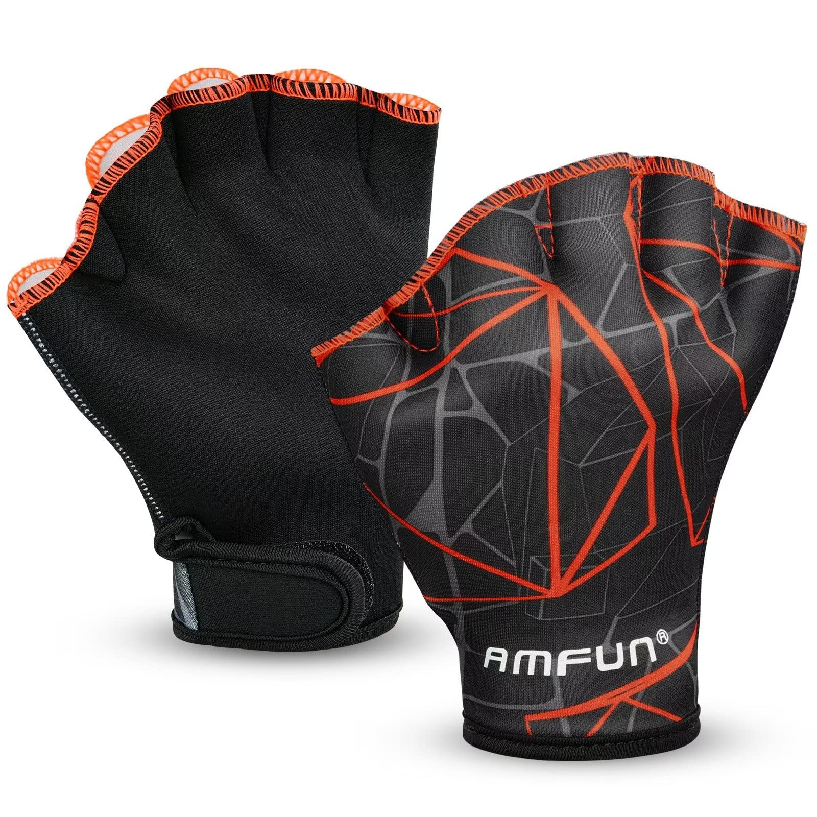 AMFUN Aquatic Gloves, Webbed Swimming Gloves, Water Training Paddle with Adjustable Wrist Strap, Adult Aquatic Fitnesster Water Resistance Training Accerssories for Diving Surfing Hand Men Women (L)