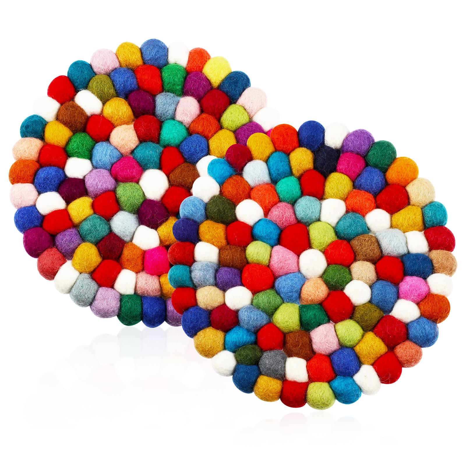 Photo 1 of 2 Pieces Felt Ball Trivet Round Felt Ball Coasters Handmade Trivet Multi Color Pot Mat Colorful Hot Plate Holder Heat Resistant Pot Holder for Table Desk Kitchen Decor Accessories