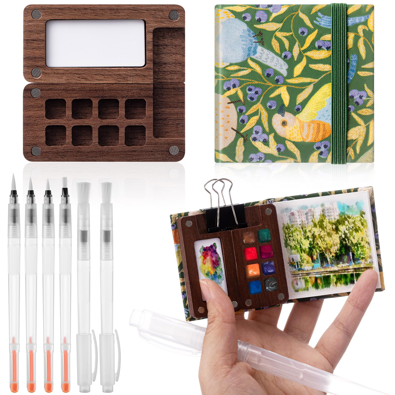 Photo 1 of Qilery Mini Portable Watercolor Palette Set Wooden Grid Paint Box Watercolor Paper Sketch Book Brush Pens with Binder Clip for Painters Artist Not Include Paint(Bird)