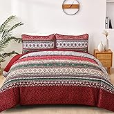 WONGS BEDDING Boho Queen Quilt Set, Red Bohemian Quilt Bedding Set, Lightweight Bed Decor Bedspread for All Season Reversible Microfiber Coverlet Bedding Set 96"x90"(3 Pieces)