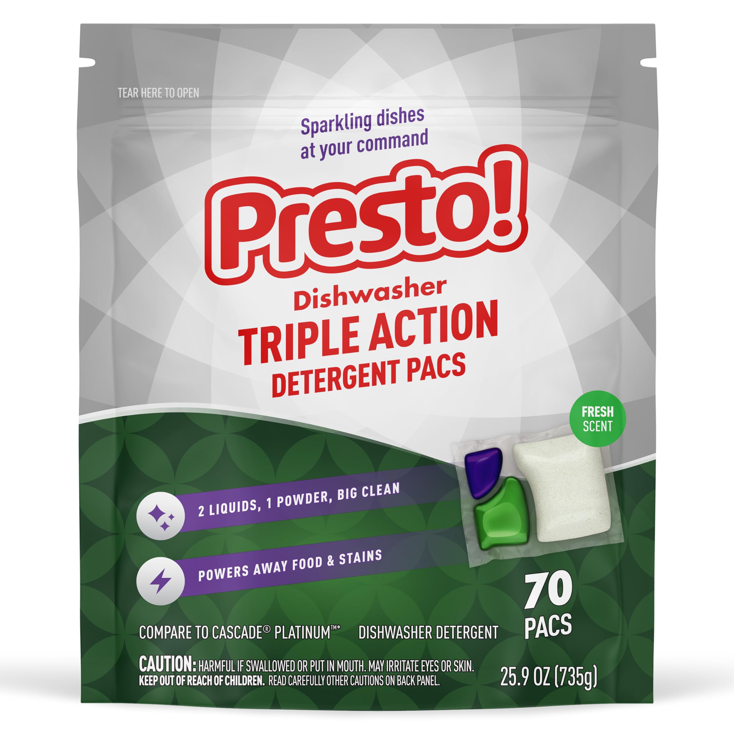 Photo 1 of Amazon Brand - Presto! Triple Action Dishwasher Pacs, Anti-spotting, Fresh Scent, 70 Count