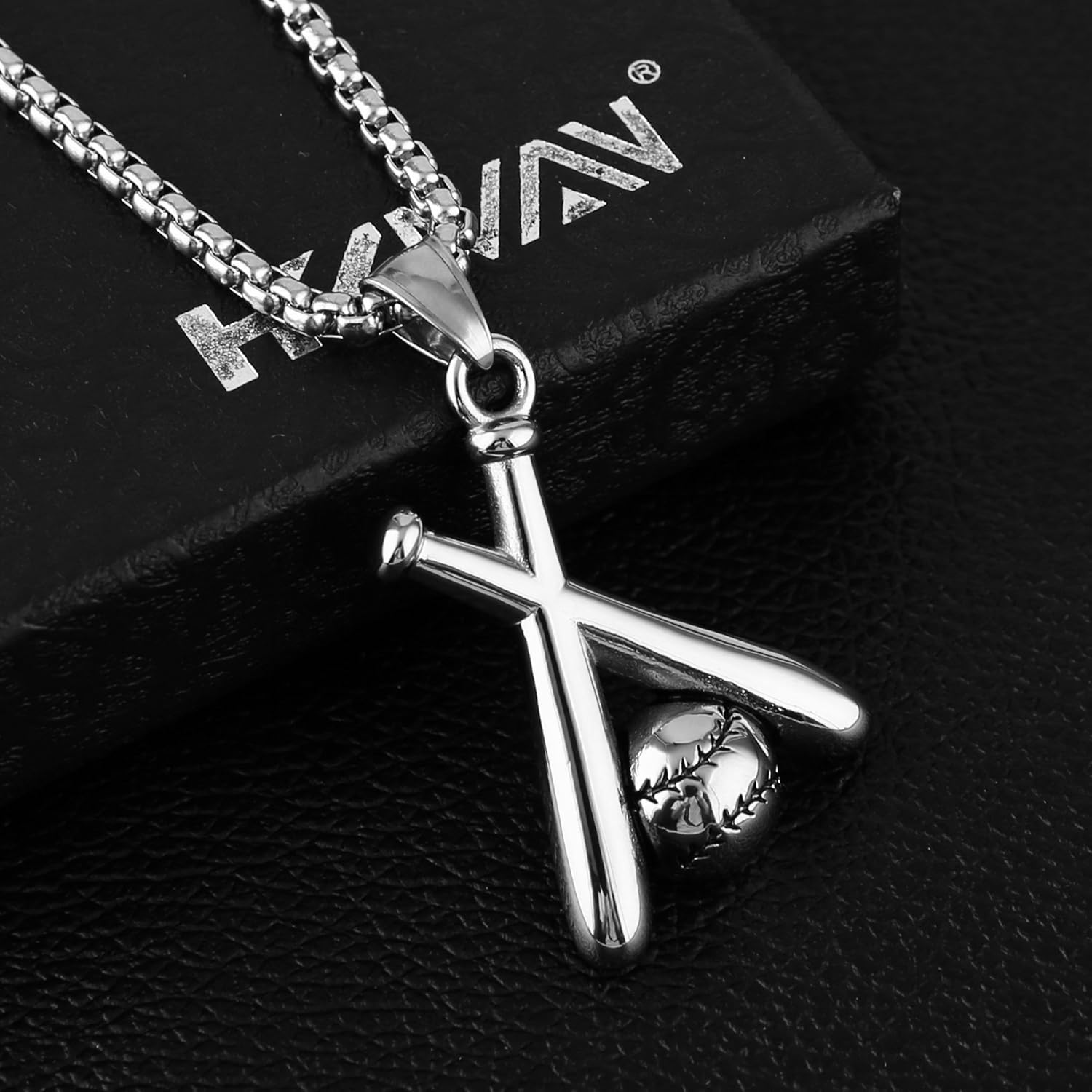 HZMAN Baseball and Baseball Bat Cross Youth Sports Stainless Steel Pendant Necklace 24'' Chain (Silver): Jewelry