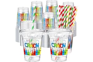 Domensi 50 Pcs Crayon Disposable Cups Bulk Back to School Party Supplies 12 oz Clear Plastic Cup with Lid and Straw Crayon Welcome School Classroom Table Decoration Summer Cold Drink Teacher Student