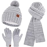 Womens Winter Hats Beanie Touchscreen Gloves Long Scarf Set Knit Warm Caps with Pom Fleece Gifts for Women