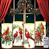 Tiamon 4 Pcs Christmas Red Bird Candles LED Bird Theme Flameless Candles Set LED Warm Light Flickering Xmas Pillar Decor for Holiday Table Decorations