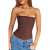 Faretumiya Women Floral Lace Corset Top Strapless Lace Up Bustier Tube Top Mesh Boned Corset Overbust Tops
