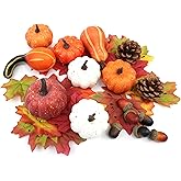 36PCS Mini Artificial Pumpkins Fall Decor Set - Realistic Small Fake Pumpkins for Decorating with Gourd Fall Leaves Acorns Pinecones for Autumn Table Centerpiece, Thanksgiving Harvest Home Decorations