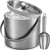 Ice Bucket (3 Liter) Stainless Steel Double Wall Insulated Ice Bucket with Lid & Scoop, Ice Buckets for Parties, Handle, Keeps Ice Cold for Hours, Great for Wine, Champagne, Cocktails (Silver)