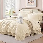 Queen Comforter Set Whisper White Ruffle 7 Pieces Farmhouse Bed in a Bag | Shabby Chic Fluffy All Season Bedding Sets with Sheets, Pillowcases &amp; Shams