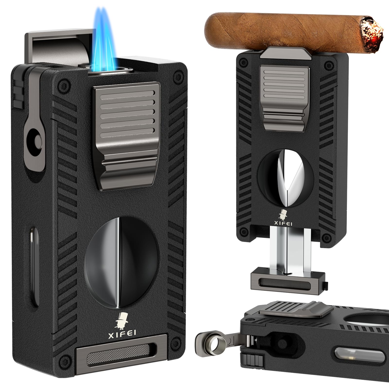 Photo 1 of XIFEI Cigar Lighter, Refillable Torch Lighter with Cigar Cutter V Cut Cigar Punch Cigar Draw Enhancer Cigar Holder, 5 in 1 Butane Lighters Double Jet Flame, Cigar Accessories Gift for Men (Black)