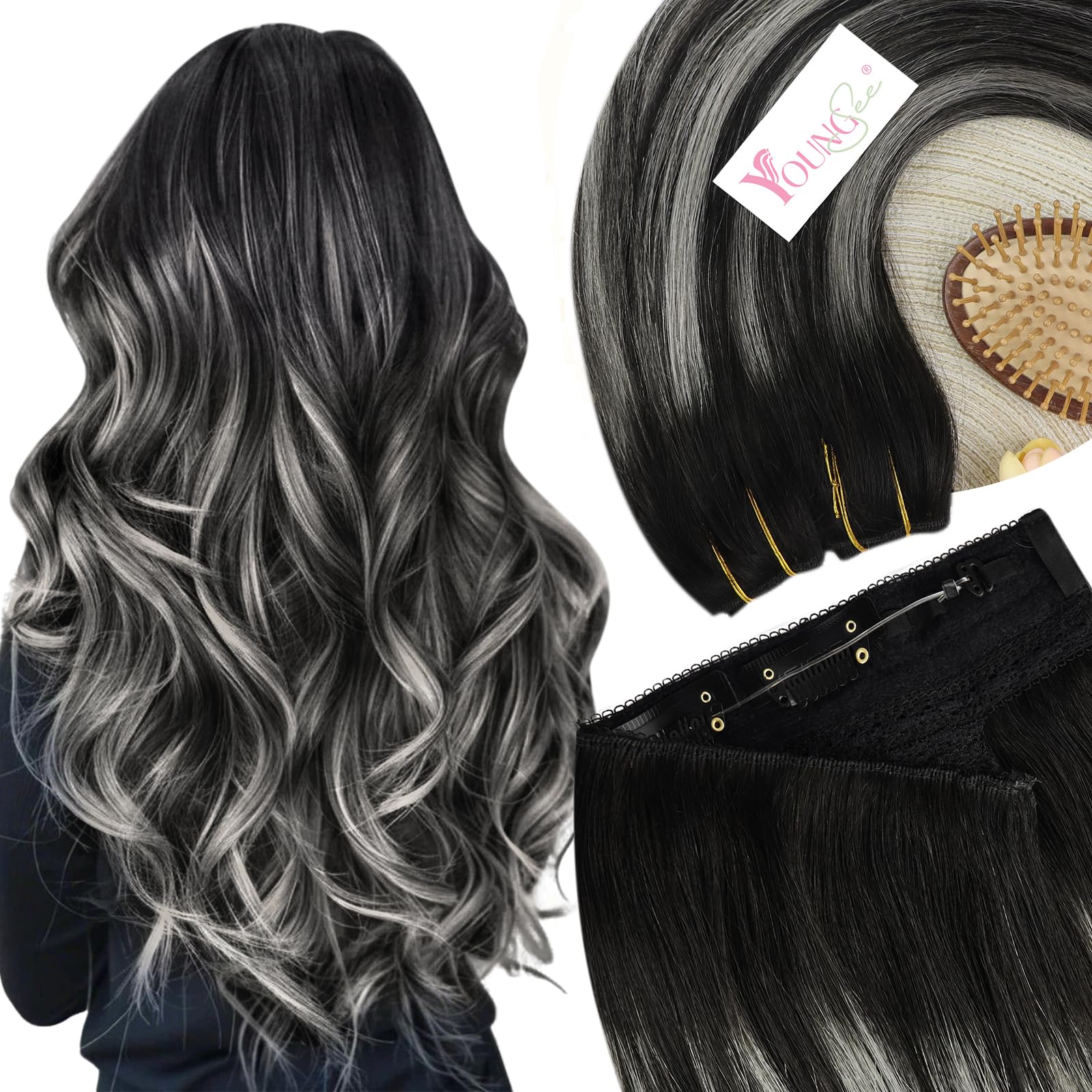 YoungSee Wire Hair Extensions Ombre 16inch Secret Wire Human Hair Extensions Black Ombre Silver Balayage Invisible Wire Real Hair Extensions for Cosplay Reusable One Piece 80g Quick Installation — image 1