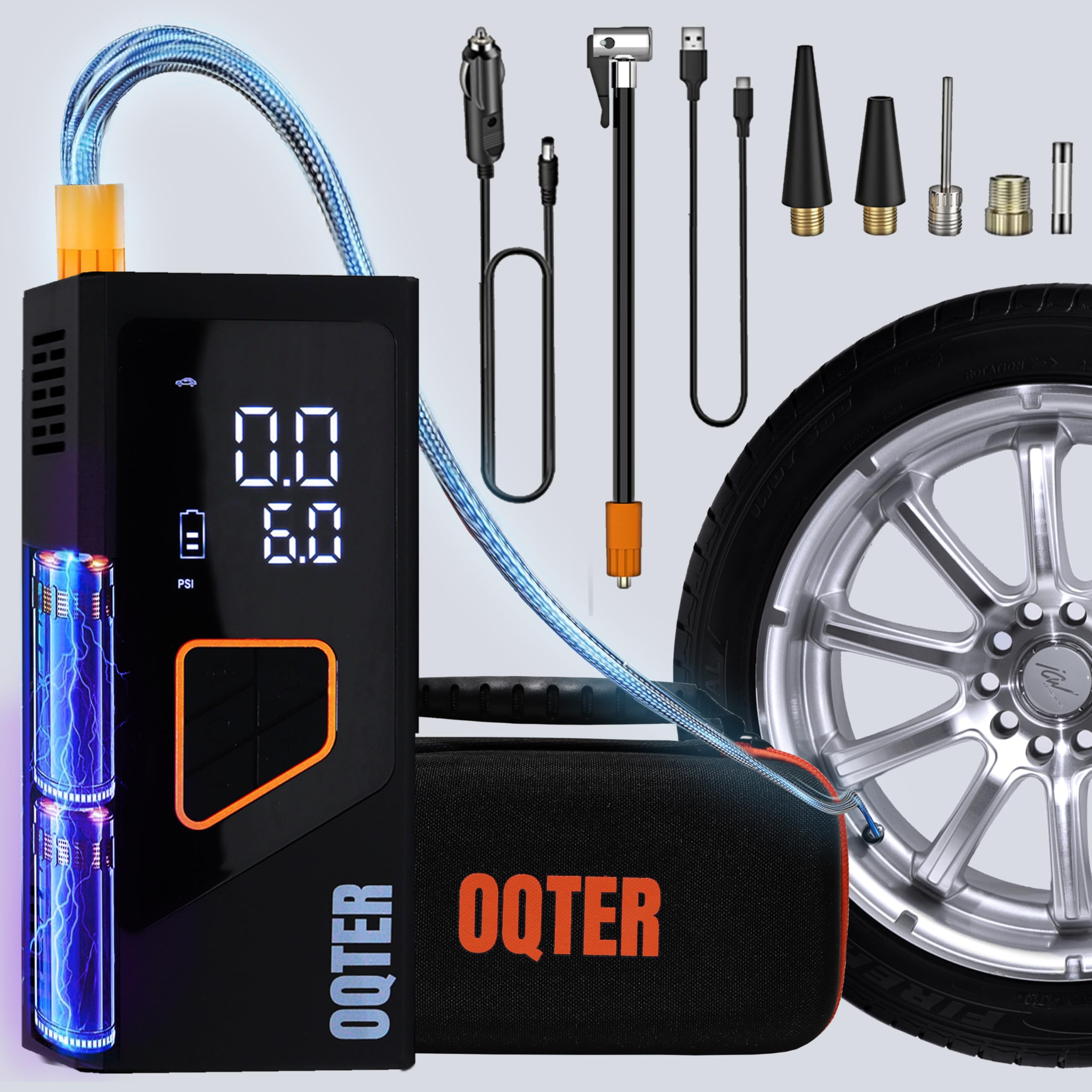 Photo 1 of Tire Inflator Portable Air Compressor, 150PSI Portable Tire Inflator For Car, Air Pump for Car Tires with Tire Pressure Gauge Tools, 6000mAh Smart Pump Tire Inflator for Car, Motorcycle & Bike Pump