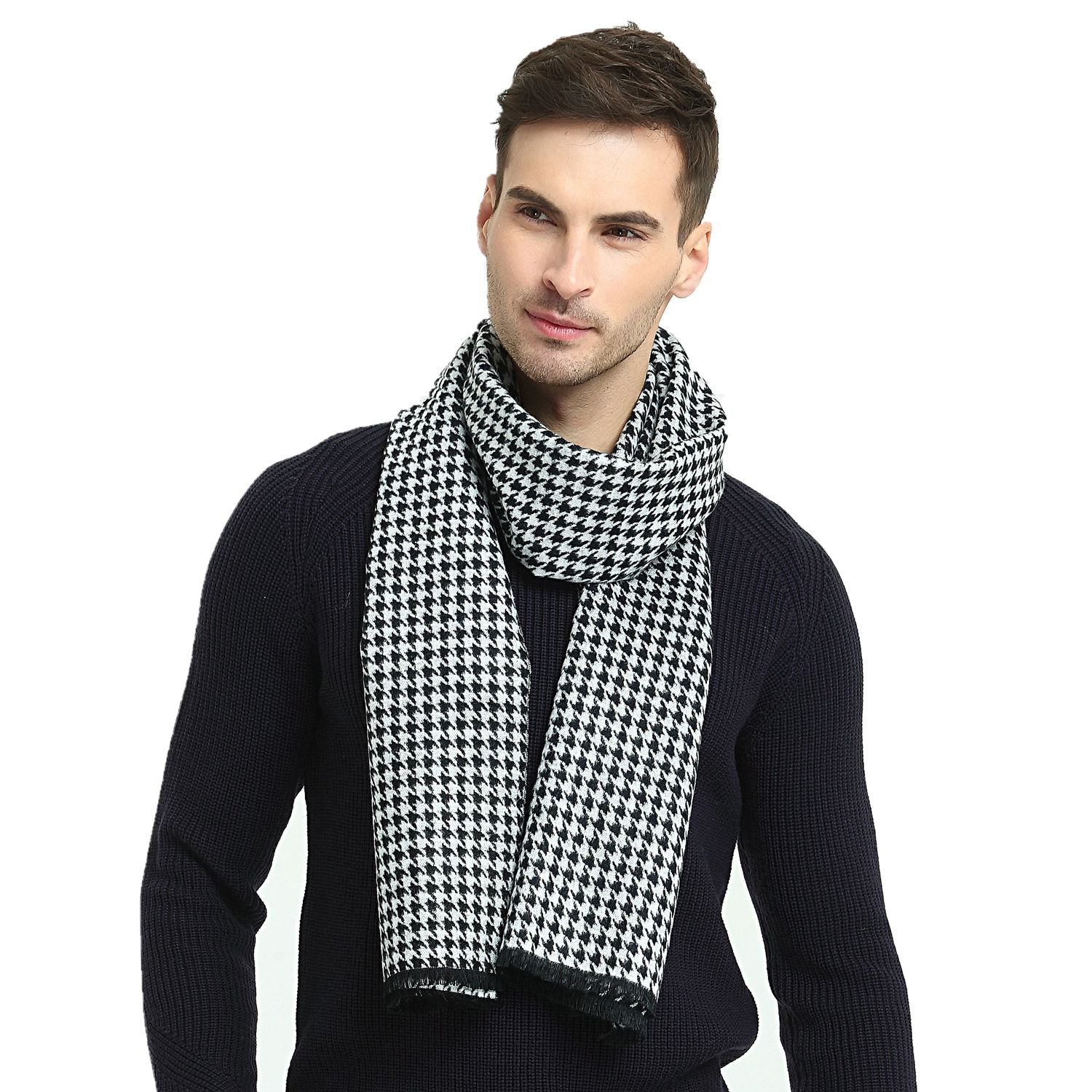 CHTIE Brushed Warm Soft Cashmere Feel Men\'s Scarf Winter (Black White)