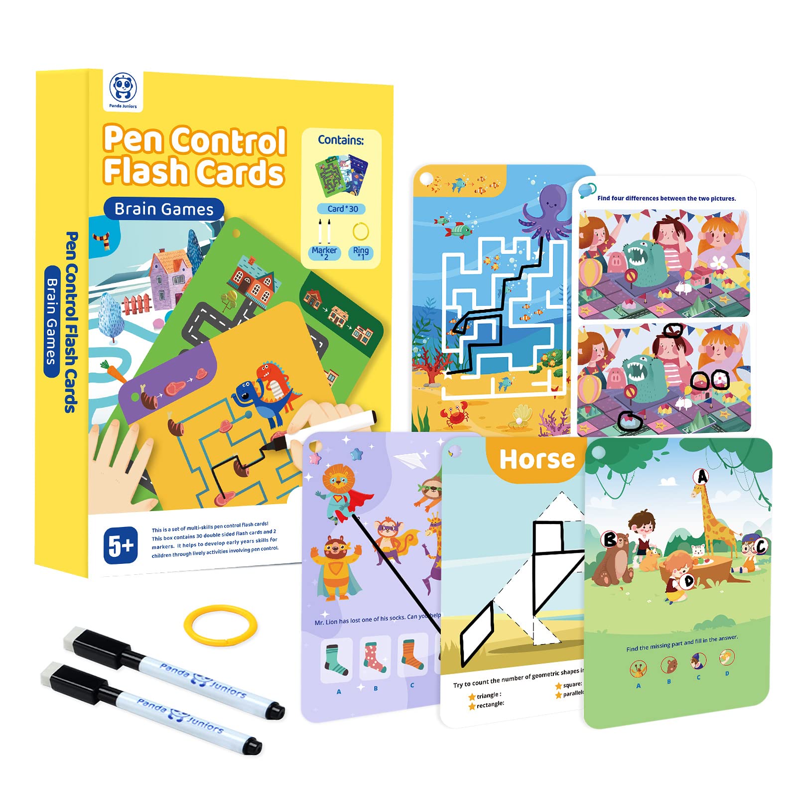 Large Brain Games Flash Cards for Kids Ages 5+ | Reusable Logic & Focus Activity Set | Write & Wipe Cards with 2 Dry Erase Markers & Ring – Educational Preschool Toy (30 Cards)