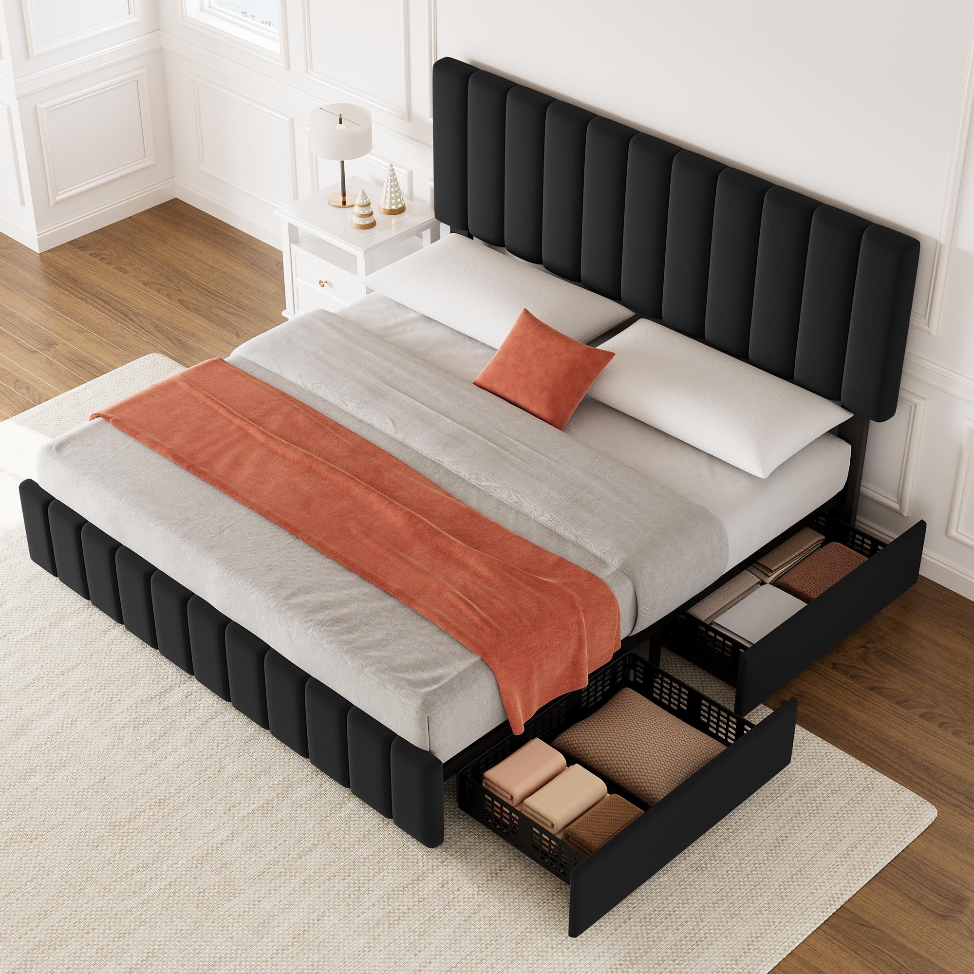 Photo 1 of IDEALHOUSE King Upholstered Bed Frame with 4 Storage Drawers, Adjustable Headboard and Wooden Slats Support, No Box Spring Needed, Easy to Assemble,Black