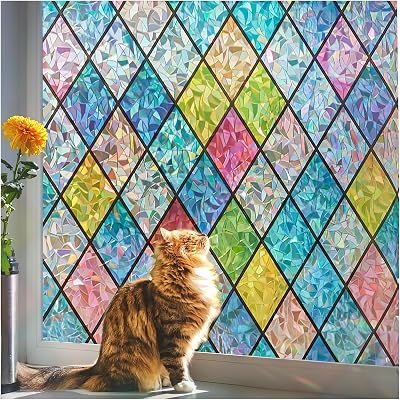 Beautysaid Rainbow Window Film Privacy: Stained Glass, Self Adhesive 44.5x200cm