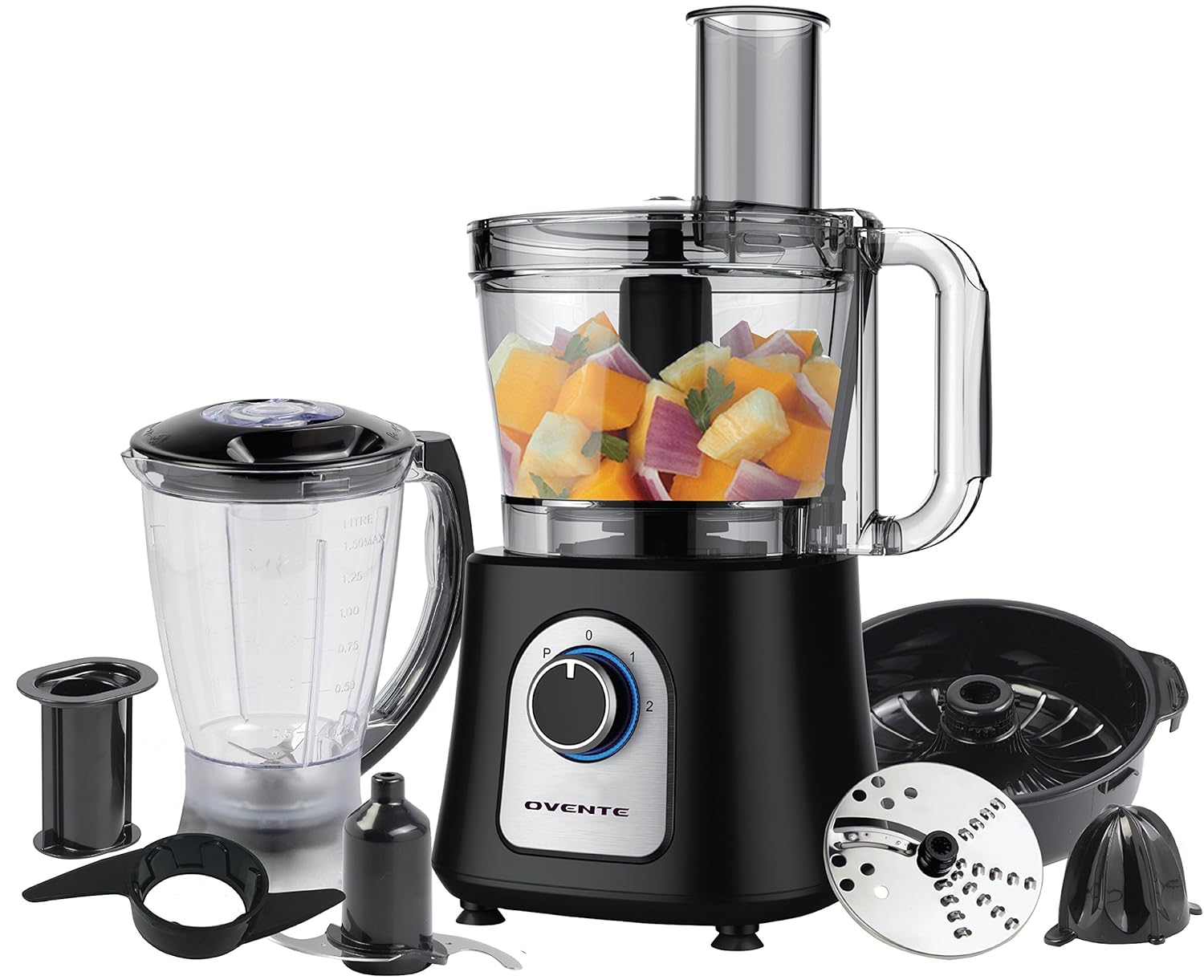 Ovente PF7007B Deluxe 12 Cup Multi-Function Food Processor with Blender, Chopper and Citrus Juicer, Matte Black