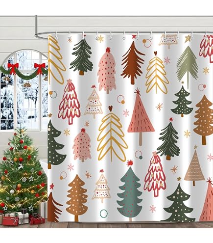 DSMEUE Christmas Tree Shower Curtain - Pink Xmas Tree Snowflake Pattern Fabric Bathroom Decor (70x70 Inches) - View #12