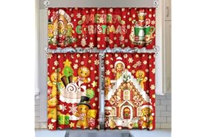 Breling 3 Pcs Christmas Gingerbread Kitchen Curtains Valances and Tiers Set for Windows Merry Christmas Snowman Santa Claus Short Curtain Set for Bedroom Window Treatment Decor Party Favor Supplies