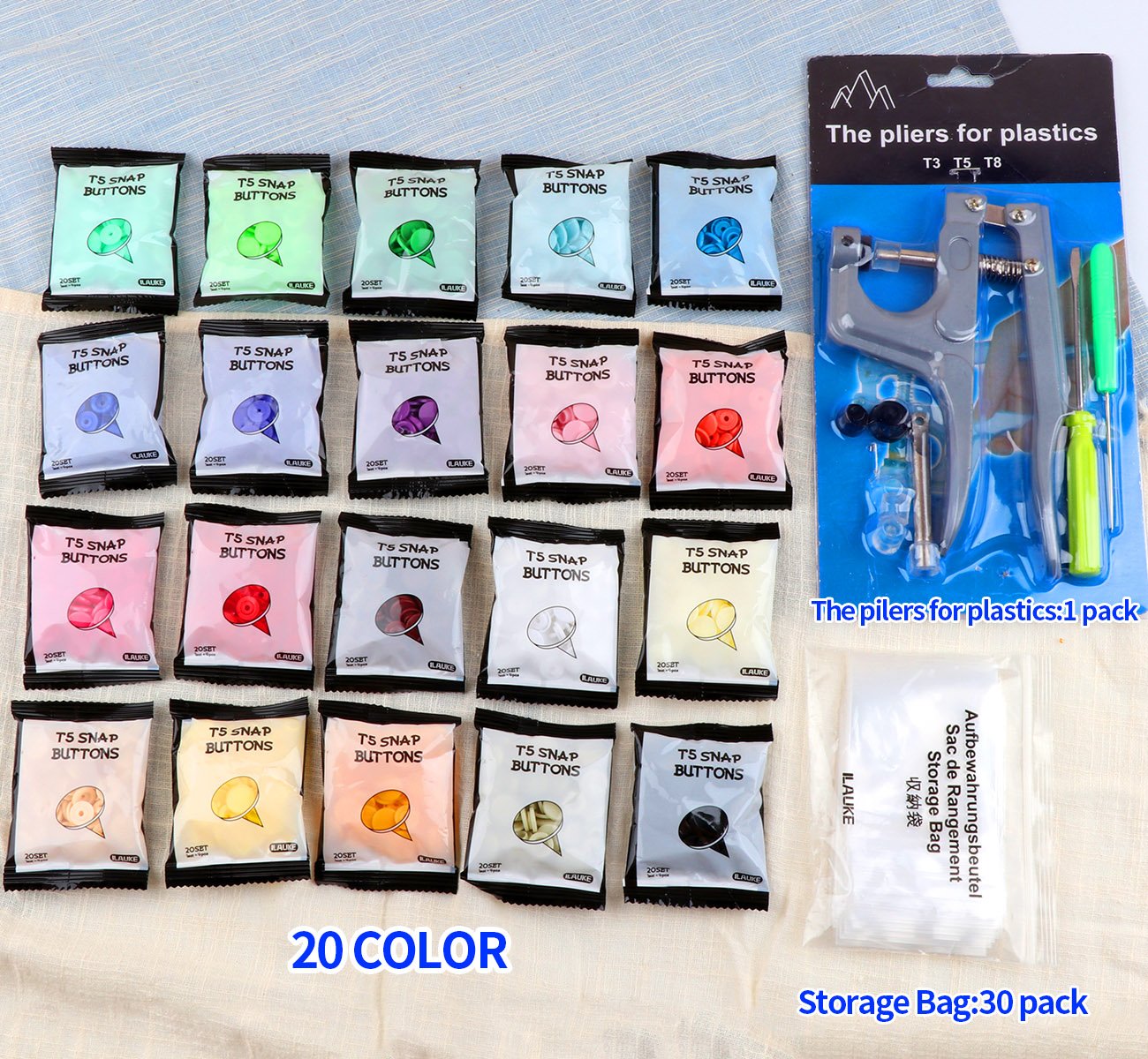 ilauke 400 Sets Snap Buttons with Snap Pliers T5 Plastic Snaps No-Sew Buttons Fastener Setter for Clothing Diapers Bibs Rain Coat Crafting