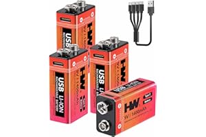 HW 9V Rechargeable Batteries 4 Pack, 1400mAh Lithium Battery 9 Volt with USB-C Charging Port, 1000 Cycles Low Self-Discharge 