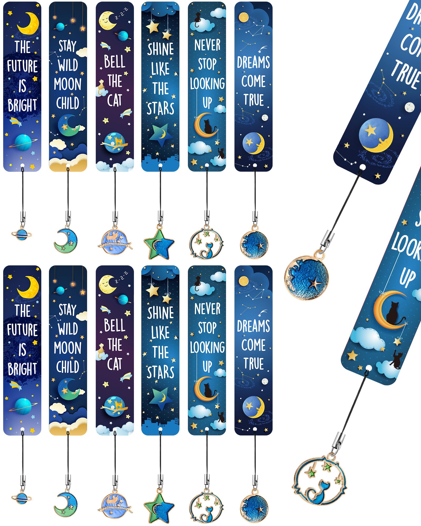 Zonon 12 Pcs Space Bookmarks with Metal Charms Cat Moon Star Celestial Bookmarks for Children Inspirational Quotes Gift for Girls Boys Kids School Prize Reading Lovers Present(Novelty Style)
