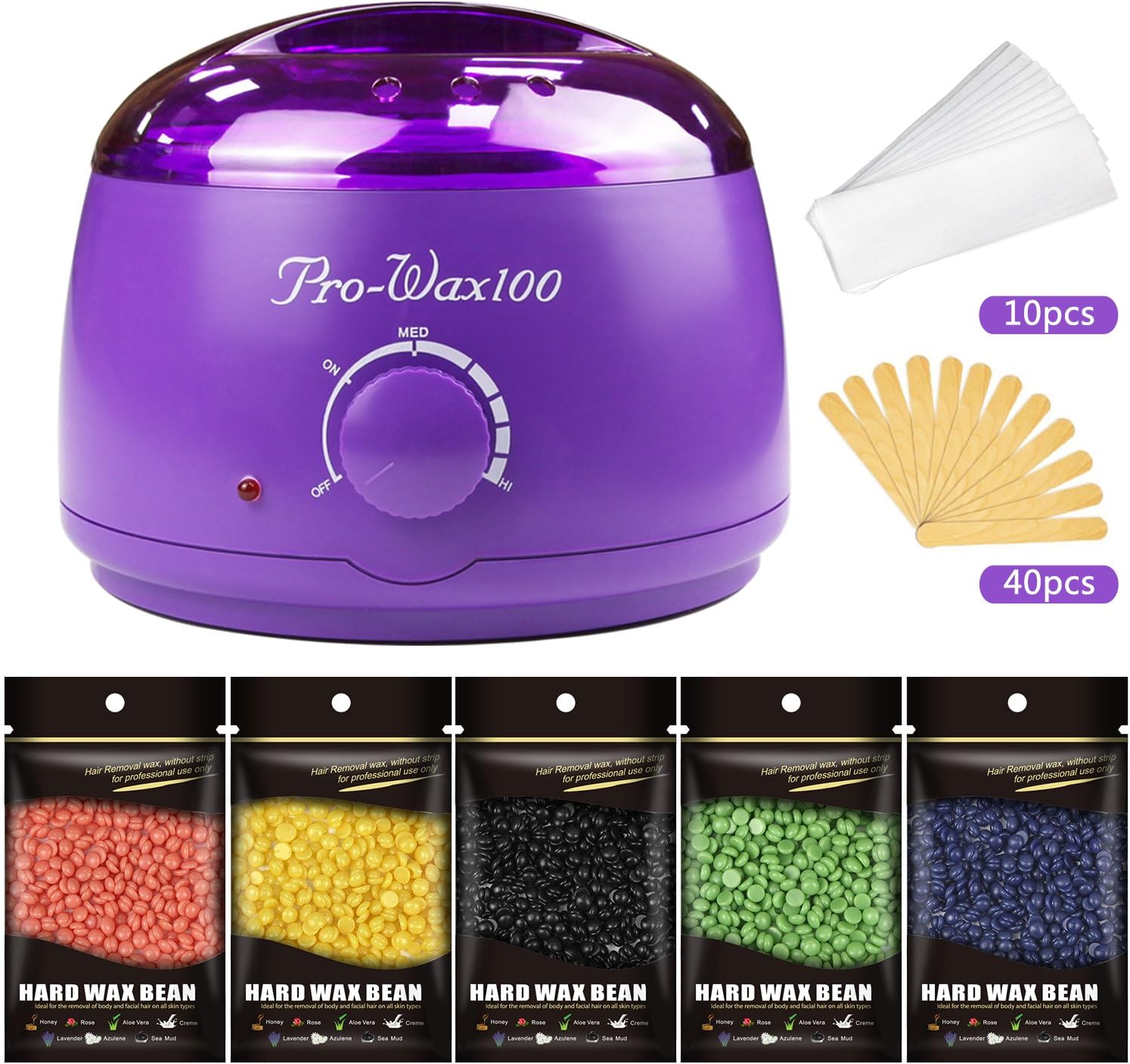 MIBOTE Wax Warmer Hair Removal Waxing Kit Electrict Hot Melt Wax Heater with 5 Flavors Wax Beans 40 Applicator Sticks and 10 Strips Paper Women Men Home Waxing Spa for Face Arm Armpits Legs Bikini
