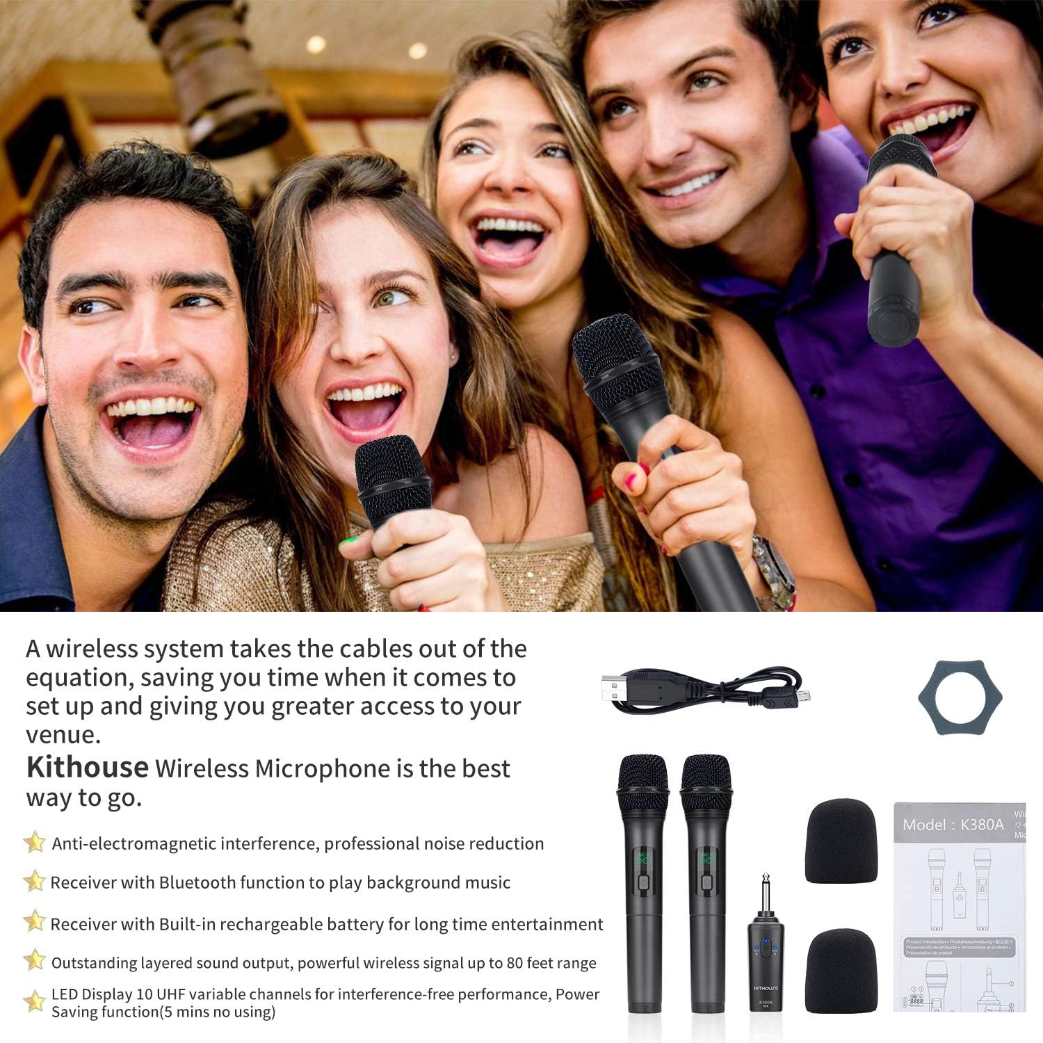 Kithouse K380A Wireless Microphone Karaoke Microphone Wireless Mic Dual With Rechargeable Bluetooth Receiver System Set - UHF Handheld Cordless Microphone For Singing Speech Church(Elegant Black): Musical Instruments