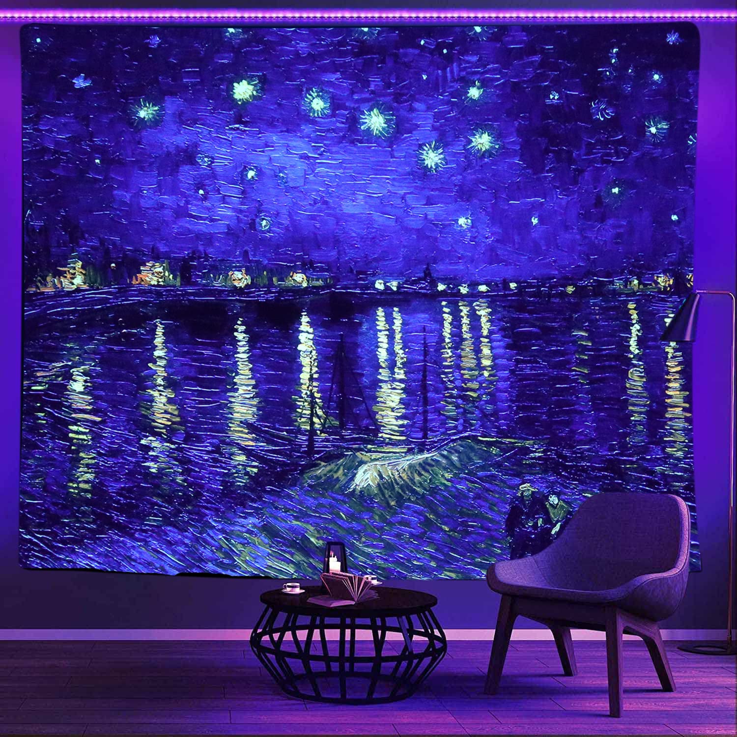 Simpkeely Blacklight Galaxy Tapijt, Blauwe Ruimte Sterrenhemel Nacht Universum Wandkleed, UV-Reactieve Glow in the Dark Paarse Feestachtergrond Aesthetisch Tapijt voor Slaapkamer - 130 x 150cm