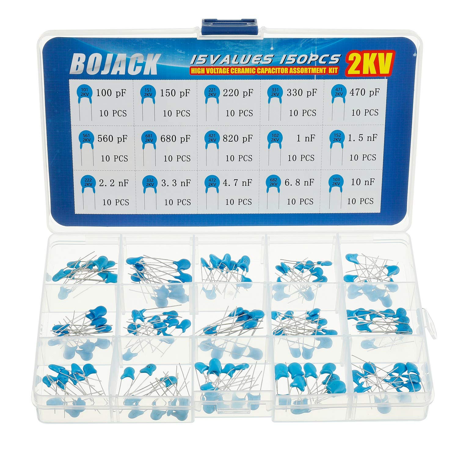 BOJACK 15 Values 150 Pcs 2KV / 100pF to 10nF High Voltage DIP Ceramic Capacitor Assortment Kit