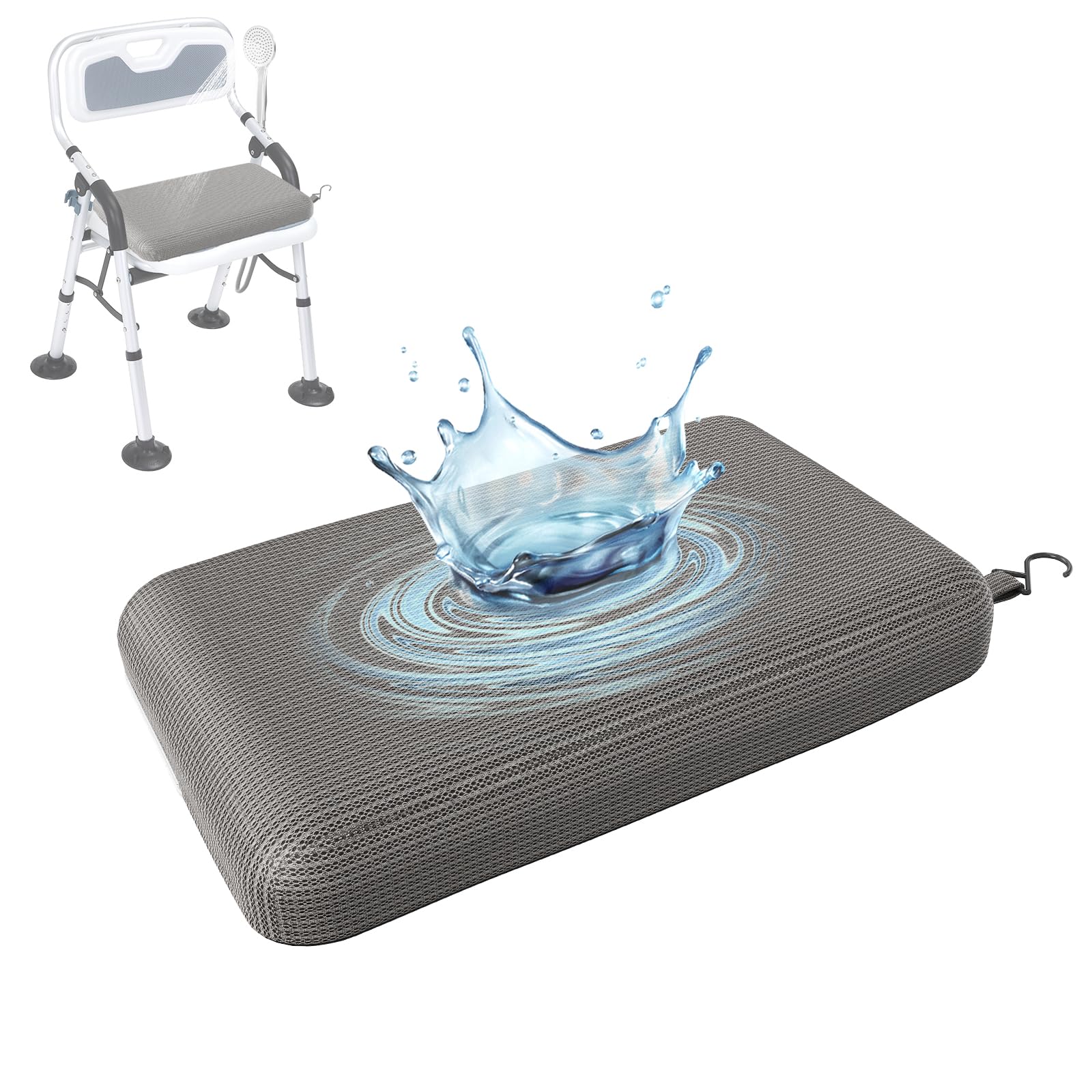 Photo 1 of Fasjloctavty Shower Seat Cushion with Non-Slip Silicone Bottom, Shower Chair Cushion for Transfer Benches,Washable 3D Mesh Pad with Hook,Quick Drying Bathtub Chair Pad for Elderly, Pregnancy