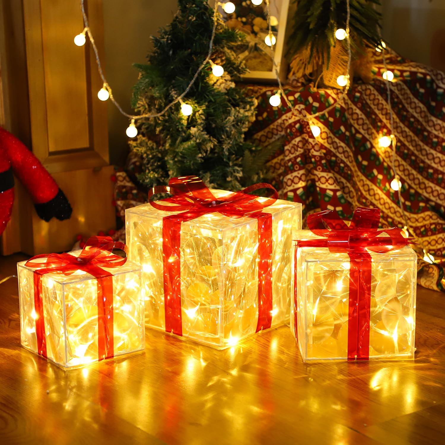 Photo 1 of (New) Set of 3 Christmas Lighted Gift Boxes, Fake Christmas Boxes, Indoor Outdoor 60 LED Holiday Decoration for Home Yard Lawn New Year, Xmas Tree