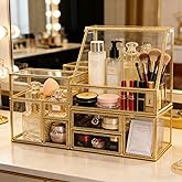 Hersoo Luxury Stackable Glass Cosmetic Organizer 3-Piece Set-Durable,Premium Shatterproof Vanity Storage,Artisan-Design for High-End Bathroom&Makeup Counter Decor(gold)