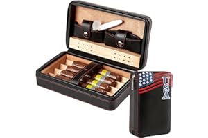 WANTHER Cigar Humidors, Black Embroidery Portable Humidor for Travel and Men's Presents, Cedar Wood Leather Cigar Accessories with 6 Set（Cigar Cutter*2, Ashtray,Towel）