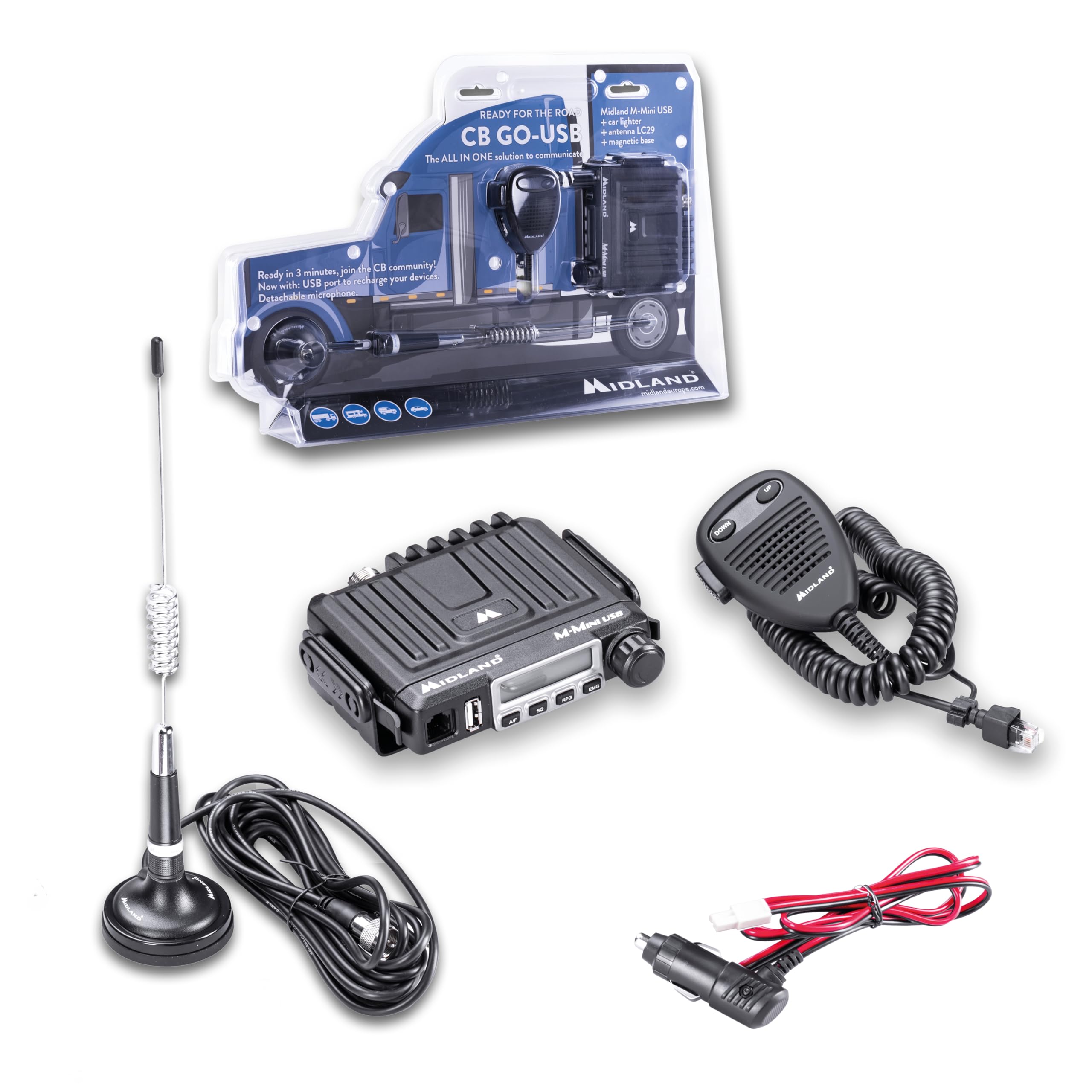 Midland - CB GO-USB CB Radio Transceiver, License-Free Portable with M-MINI USB, 40 AM/FM Channels, 4W, LCD Display S-Meter, Dual Squelch, Emergency Channels 9/19, USB Port, LC29 Magnetic Antenna
